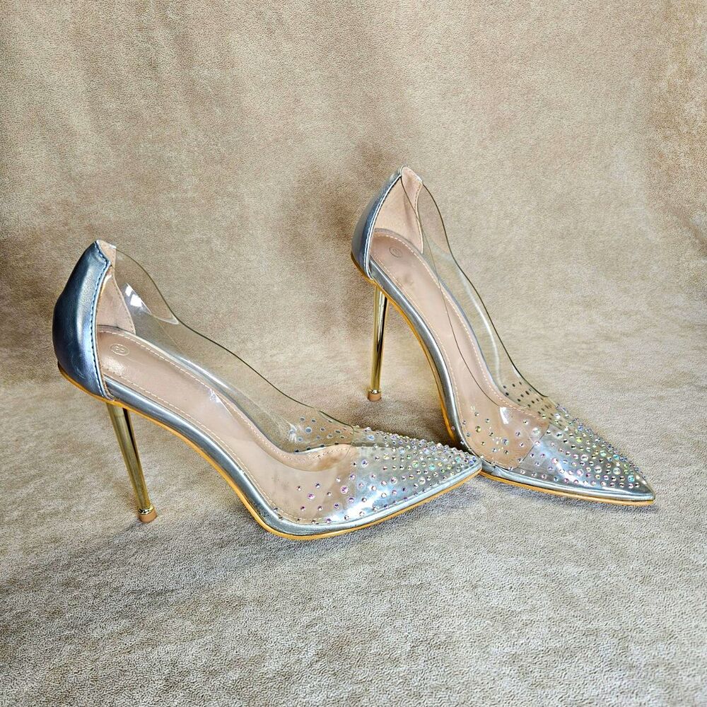 Women’s Silver/AB Rhinestone Pointed Toe Slip-On Vinyl Pump Gold Heels 8